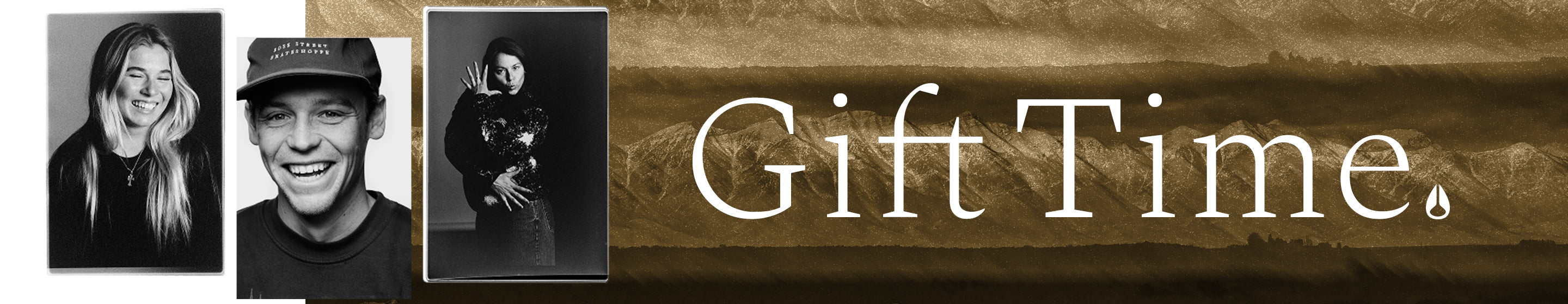 Three black and white photos of people with a 'Gift Time' banner in the background