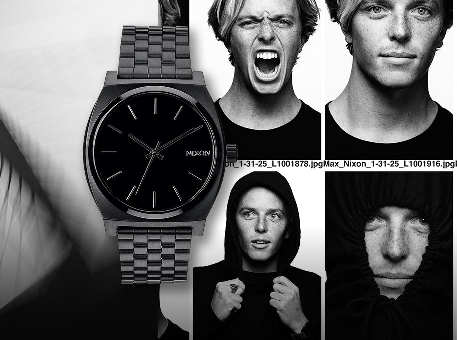 Black Nixon watch with a collage of man making different faces.