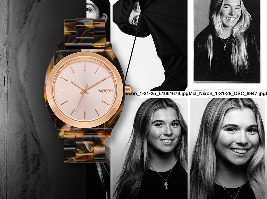 Collage of a Nixon watch with black and white images of a a woman.