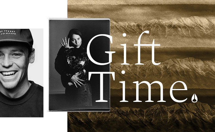 Collage with a smiling person, a person holding flowers, and 'Gift Time' text on a textured background.