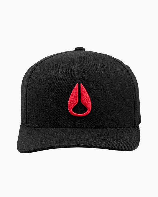 Black cap with a red logo on a white background
